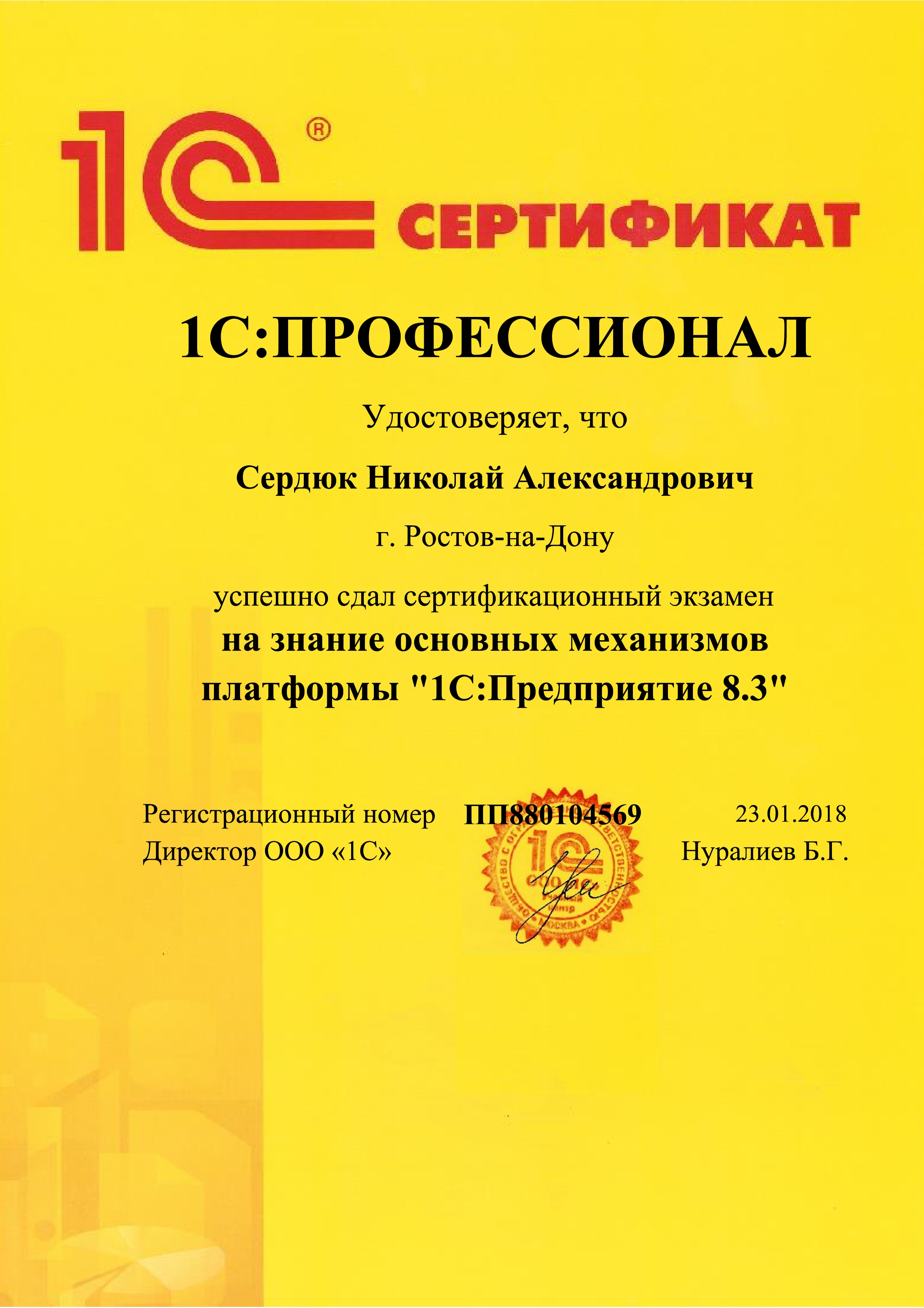 Сертификат 1С: Сердюк Николай - 1С Профессионал по платформе 8.3